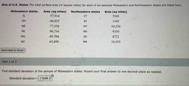 Size of U.S. States The total surface area (in square miles) for each of six selected Midwestern and Northeastern states are listed here. 
Send data to Excel 
Part 1 of 3 
Find standard deviation of the sample of Midwestern states. Round your final answer to one decimal place as needed.
Standard deviation= 17648.8