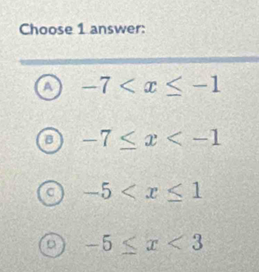 Choose 1 answer:
a -7
B -7≤ x
C -5
D -5≤ x<3</tex>