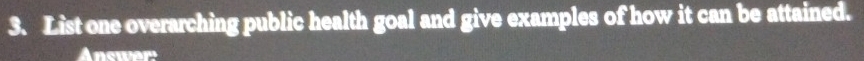 List one overarching public health goal and give examples of how it can be attained. 
Answer: