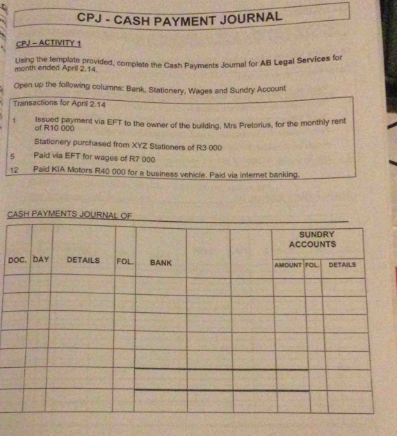 CASH PAYMENTS JOURNAL OF 
D