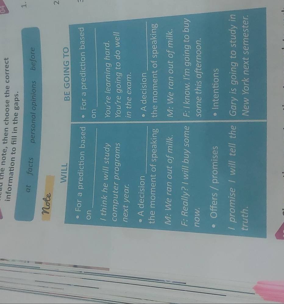 the note, then choose the correct 
04 
information to fill in the gaps. 
1. 
at facts personal opinions before 
Note 
2 
WILL 
BE GOING TO 
For a prediction based For a prediction based 
_ 
on 
on_ 
I think he will study You’re learning hard. 
computer programs You’re going to do well 
next year. in the exam. 
A decision _A decision_ 
the moment of speaking the moment of speaking 
M: We ran out of milk. M: We ran out of milk. 
F: Really? I will buy some F: I know. I’m going to buy 
now. some this afternoon. 
Offers / promises Intentions 
I promise I will tell the Gary is going to study in 
truth. New York next semester.