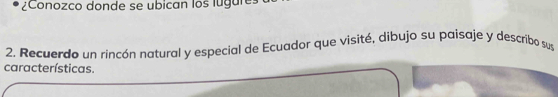 ¿Conozco donde se ubican los lugares 
2. Recuerdo un rincón natural y especial de Ecuador que visité, dibujo su paisaje y describo sus 
características.