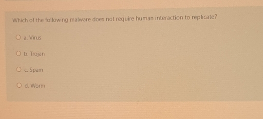 Which of the following malware does not require human interaction to replicate?
a. Virus
b. Trojan
c. Spam
d. Worm