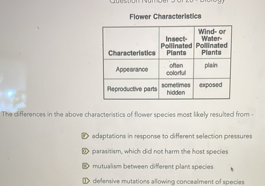 Cuestion Numo
Flower Characteristics
The differences in the above characteristics of flower species most likely resulted from -
F> adaptations in response to different selection pressures
@ parasitism, which did not harm the host species
H mutualism between different plant species
[> defensive mutations allowing concealment of species