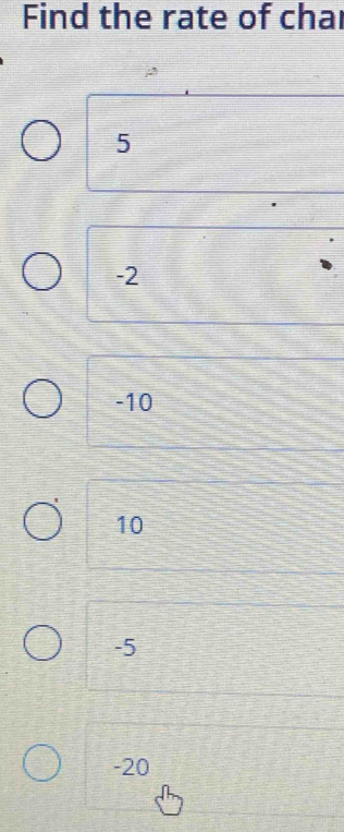 Find the rate of char
5
-2
-10
10
-5
-20