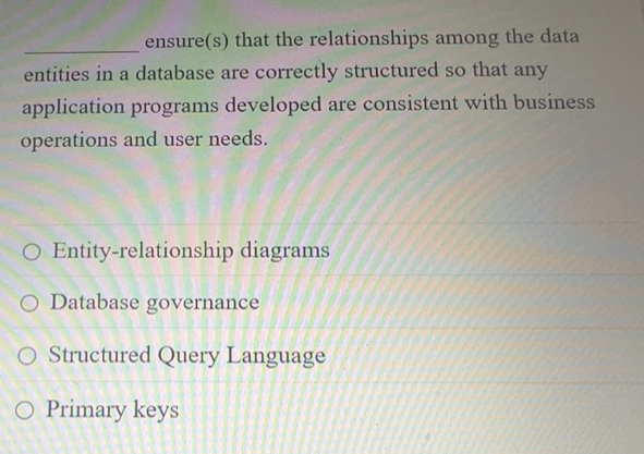 Solved: ensure(s) that the relationships among the data entities in a ...