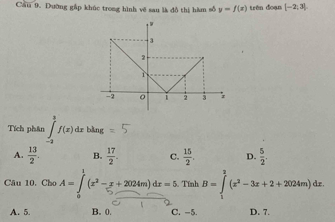 Đường gấp khúc trong hình vẽ sau là đồ thị hàm số y=f(x) trên đoạn [-2;3]. 
Tích phân ∈tlimits _(-2)^3f(x)dxbang
A.  13/2 . B.  17/2 . C.  15/2 . D.  5/2 . 
Câu 10. Cho A = ∫ (z² −z + 2024m) dx = 5. Tính B=∈tlimits _1^(2(x^2)-3x+2+2024m)dx.
A. 5. B. 0. C. -5. D. 7.