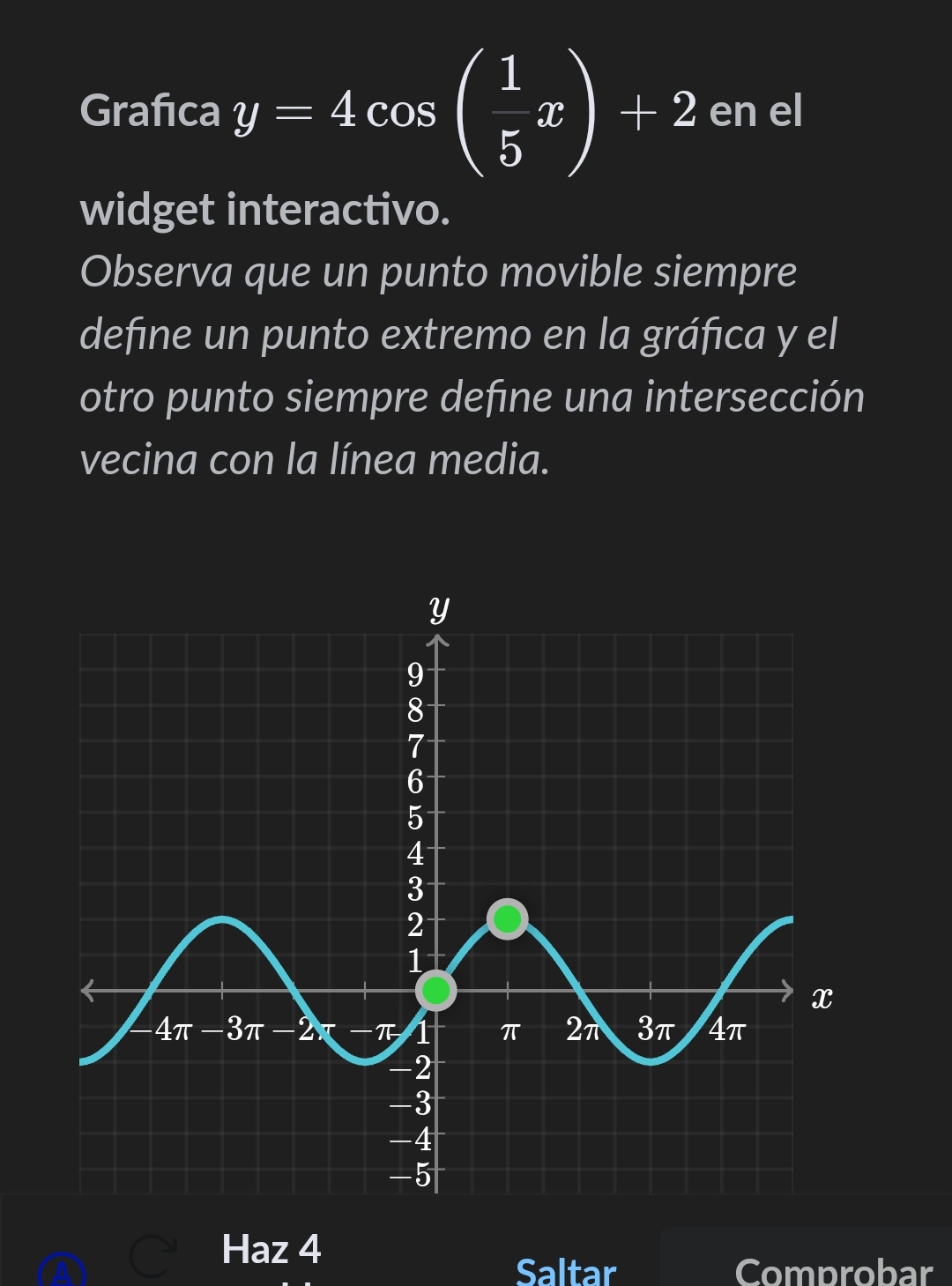 Grafica y=4cos ( 1/5 x)+2 en el
widget interactivo.
Observa que un punto movible siempre
define un punto extremo en la gráfica y el
otro punto siempre defne una intersección
vecina con la línea media.
Haz 4
Saltar Comprobar