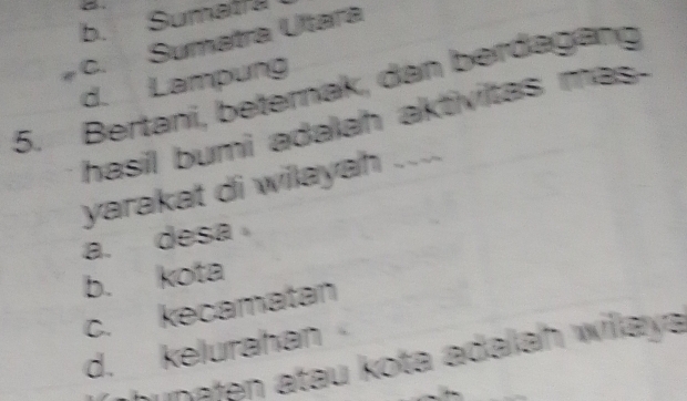 b. Sumat
c. Sumatra Útara
d. Lampung
5. Bertaní, beternak, dan berdagäng
hasil bumi adalah aktivitas mas.
yarakat di willayah ....
a. desa
b. kota
c. kecamatan
d. kelurahan
unafen atau kota adalah wilaya .