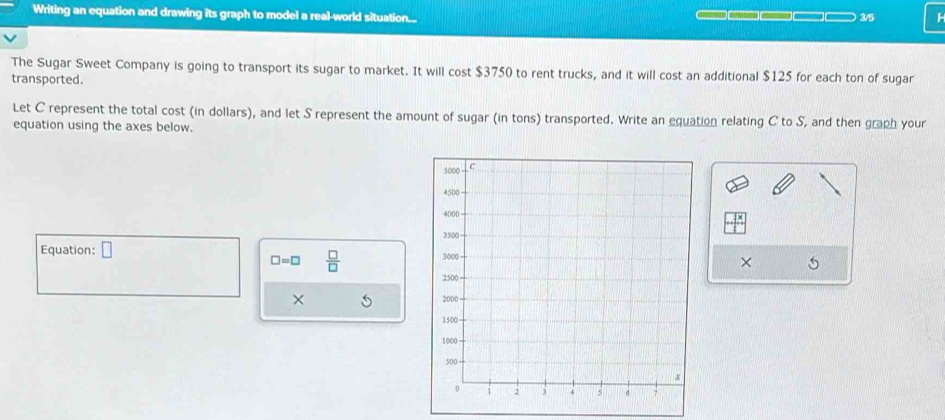 Writing an equation and drawing its graph to model a real-world situation... 3/5 

The Sugar Sweet Company is going to transport its sugar to market. It will cost $3750 to rent trucks, and it will cost an additional $125 for each ton of sugar 
transported. 
Let C represent the total cost (in dollars), and let S represent the amount of sugar (in tons) transported. Write an equation relating C to S, and then graph your 
equation using the axes below. 
Equation: □ × 5
□ =□  □ /□  
×