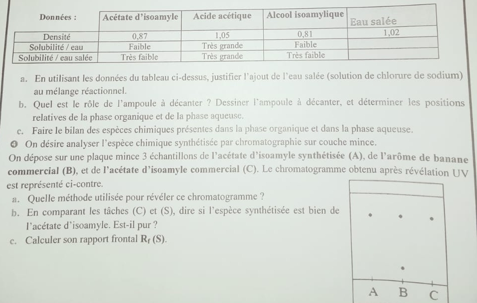 En utilisant les données du tableau ci-dessus, justifier l’ajout de l’eau salée (solution de chlorure de sodium) 
au mélange réactionnel. 
b. QueI est le rôle de l'ampoule à décanter ? Dessiner l'ampoule à décanter, et déterminer les positions 
relatives de la phase organique et de la phase aqueuse. 
c. Faire le bilan des espèces chimiques présentes dans la phase organique et dans la phase aqueuse. 
❹ On désire analyser l'espèce chimique synthétisée par chromatographie sur couche mince. 
On dépose sur une plaque mince 3 échantillons de l’acétate d’isoamyle synthétisée (A), de l’arôme de banane 
commercial (B), et de l’acétate d’isoamyle commercial (C). Le chromatogramme obtenu après révélation UV 
est représenté ci-contre. 
a. Quelle méthode utilisée pour révéler ce chromatogramme ? 
b. En comparant les tâches (C) et (S), dire si l'espèce synthétisée est bien de 
l’acétate d’isoamyle. Est-il pur ? 
c. Calculer son rapport frontal R_f(S). 
C