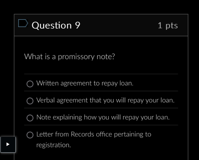 What is a promissory note? 
_ 
_ 
Written agreement to repay loan. 
Verbal agreement that you will repay your loan. 
_ 
Note explaining how you will repay your loan. 
_ 
Letter from Records offce pertaining to 
registration.