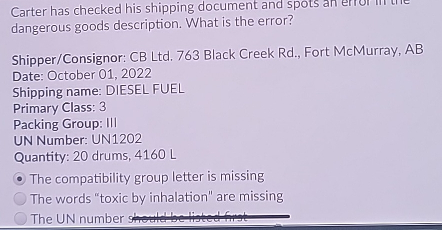 Solved: Carter has checked his shipping document and spots an error in ...
