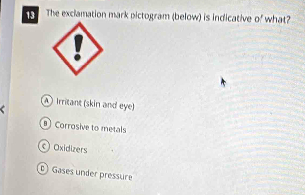 The exclamation mark pictogram (below) is indicative of what?
Irritant (skin and eye)
Corrosive to metals
c) Oxidizers
Gases under pressure