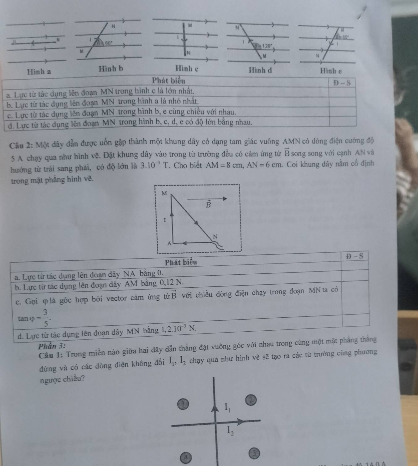 1
1
60°
1

120°
M
N
M
Hình b Hình c 
Câu 2: Một dây dẫn được uốn gập thành một khung dây có dạng tam giác vuông AMN có dòng điện cường độ
5 A chạy qua như hình vẽ. Đặt khung dây vào trong từ trường đều có cảm ứng từ vector B song song với cạnh AN vả
hướng từ trái sang phải, có độ lớn là 3.10^(-3)T. Cho biết AM=8cm,AN=6cm. Coi khung dây nằm cố định
trong mặt phăng hình vẽ.
M
overline B
I
N
A
D-S
Phát biểu
a. Lực từ tác dụng lên đoạn dây NA bằng 0.
b. Lực từ tác dụng lên đoạn dây AM bằng 0,12 N.
c. Gọi φ là góc hợp bởi vector cảm ứng từ vector B với chiều dòng điện chạy trong đoạn MN ta có
tan q = 3/5 . ?
d. Lực từ tác dụng lên đoạn dây MN bằng 1,2.10^(-3)N.
Phần 3:
Câu 1: Trong miền nào giữa hai dây dẫn thẳng đặt vuông góc với nhau trong cùng một mặt phẳng thắng
đứng và có các dòng điện không đổi I_1,I_2 chạy qua như hình vẽ sẽ tạo ra các từ trường cùng phương
ngược chiều?
a
a
I_1
I_2