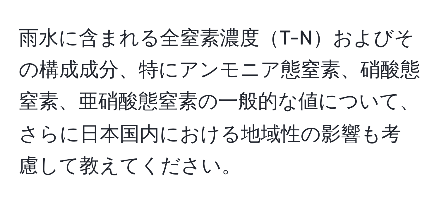 雨水に含まれる全窒素濃度T-Nおよびその構成成分、特にアンモニア態窒素、硝酸態窒素、亜硝酸態窒素の一般的な値について、さらに日本国内における地域性の影響も考慮して教えてください。