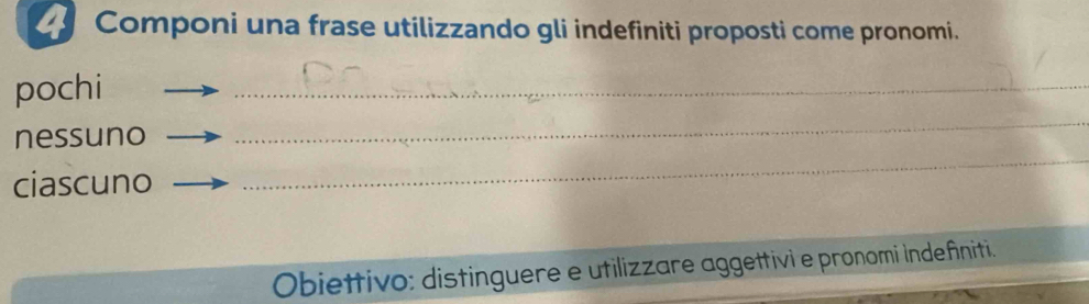 Componi una frase utilizzando gli indefiniti proposti come pronomi. 
pochi 
_ 
_ 
nessuno 
_ 
ciascuno 
Obiettivo: distinguere e utilizzare aggettivi e pronomi indefiniti.