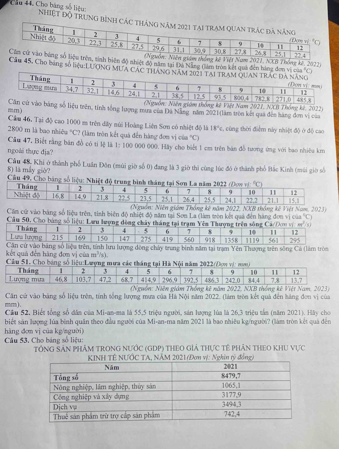 Cầu 44. Cho bảng số liệu: NhIệT Độ TRUN
am 2021, NXB Thống kê, 2022)
iên độ nhiệt độ năm tại Đà Nẵng (làm tròn kết quả đến hàng đơn vị 
Câu 45. Cho bảng số liệu:LƯợNG MƯA CÁ
Việt Nam 2021, NXB Thống kê, 2022)
liệu trên, tính tổng lượng mưa của Đà Nẵng năm 2021(làm tròn kết quả đến hàng đơn vị của
mm)
Câu 46. Tại độ cao 1000 m trên dãy núi Hoàng Liên Sơn có nhiệt độ là 18°c :, cùng thời điểm này nhiệt độ ở độ cao
2800 m là bao nhiêu°C 2? (làm tròn kết quả đến hàng đơn vị của°C)
Câu 47. Biết rằng bản đồ có tỉ lệ là 1:100 000 000. Hãy cho biết 1 cm trên bản đồ tương ứng với bao nhiêu km
ngoài thực địa?
Câu 48, Khi ở thành phố Luân Đôn (múi giờ số 0) đang là 3 giờ thì cùng lúc đó ở thành phố Bắc Kinh (múi giờ số
8) là mấy giờ?
Câu 49. Cho bảng số liệu: Nhiệt độ trun
(Nguồn: Niên giám Thống kê năm 2022, NXB thống kê Việt Nam, 2023)
Căn cứ vào bảng số liệu trên, tính biên độ nhiệt độ năm tại Sơn La (làm tròn kết quả đến hàng đơn vị của % C)
Câu 50. Cho bảng số liệu: Lưu lượng dồng chảy tháng tại trạm Yên Thượng trên sông Cả(Đơn vị: m^3
g số liệu trên, tính lưu lượng dòng chảy trung bình năm tại trạm Yên Thượng trên sông Cả (làm tròn
kết quả đến hàng đơn vị của m^3/s).
Câu 51. Cho bảng số liệu:Lượng mưa các tháng tại Hà Nội năm 2022(Đơn vị: mm)
(Nguồn: Niên giám Thống kê năm 2022, NXB thống kê Việt Nam, 2023)
Căn cứ vào bảng số liệu trên, tính tổng lượng mưa của Hà Nội năm 2022. (làm tròn kết quả đến hàng đơn vị của
mm).
Câu 52. Biết tổng số dân của Mi-an-ma là 55,5 triệu người, sản lượng lúa là 26,3 triệu tấn (năm 2021). Hãy cho
biết sản lượng lúa bình quân theo đầu người của Mi-an-ma năm 2021 là bao nhiêu kg/người? (làm tròn kết quả đến
hàng đơn vị của kg/người)
Câu 53. Cho bảng số liệu:
TÔNG SẢN PHÁM TRONG NƯỚC (GDP) THEO GIÁ THựC TÊ PHÂN THEO KHU VựC
KINH TÉ NƯỚC TA, NÃM 2021(Đơn vị: Nghìn tỷ đồng)