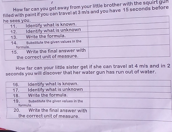 How far can you get away from your little brother with the squirt gun 
aint if you can travel at 3 m/s and you have 15 seconds before 
How far can your little sister get if she can travel at 4 m/s and in 2
seconds you will discover that her water gun has run out of water.