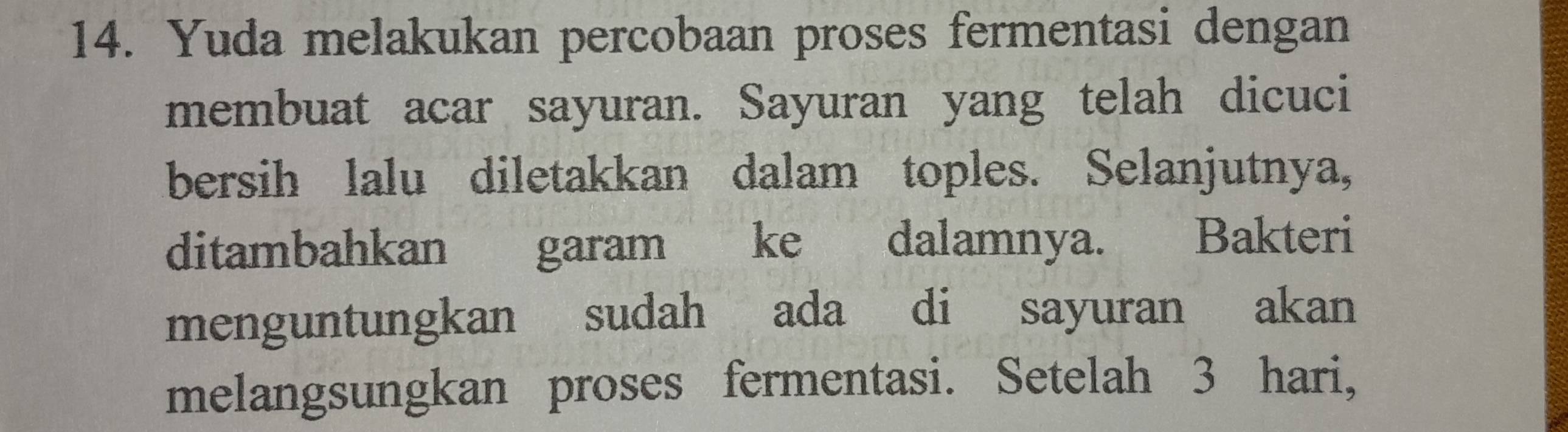 Yuda melakukan percobaan proses fermentasi dengan 
membuat acar sayuran. Sayuran yang telah dicuci 
bersih lalu diletakkan dalam toples. Selanjutnya, 
ditambahkan garam ke dalamnya. Bakteri 
menguntungkan sudah ada di sayuran akan 
melangsungkan proses fermentasi. Setelah 3 hari,