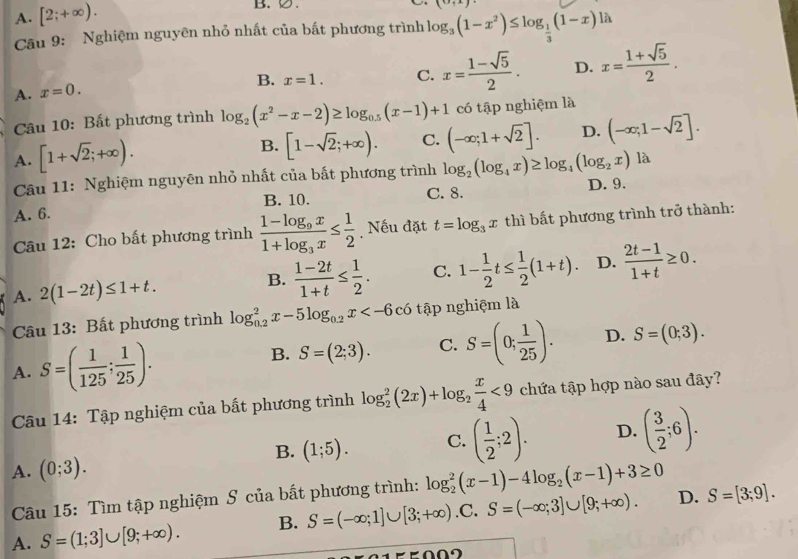 A. [2;+∈fty ).
B. Ø . (0,1)
Cu 9: Nghiệm nguyên nhỏ nhất của bất phương trình log _3(1-x^2)≤ log _ 1/3 (1-x)1(1-x L
B. x=1.
C. x= (1-sqrt(5))/2 . D. x= (1+sqrt(5))/2 .
A. x=0.
Câu 10: Bất phương trình log _2(x^2-x-2)≥ log _0.5(x-1)+1 có tập nghiệm là
A. [1+sqrt(2);+∈fty ).
B. [1-sqrt(2);+∈fty ). C. (-∈fty ;1+sqrt(2)]. D. (-∈fty ;1-sqrt(2)].
Câu 11: Nghiệm nguyên nhỏ nhất của bất phương trình log _2(log _4x)≥ log _4(log _2x)lpartial
B. 10. C. 8. D. 9.
A. 6.
Câu 12: Cho bất phương trình frac 1-log _9x1+log _3x≤  1/2  Nếu đặt t=log _3x thì bất phương trình trở thành:
A. 2(1-2t)≤ 1+t. B.  (1-2t)/1+t ≤  1/2 . C. 1- 1/2 t≤  1/2 (1+t). D.  (2t-1)/1+t ≥ 0.
Câu 13: Bất phương trình log _(0.2)^2x-5log _0.2x có tập nghiệm là
A. S=( 1/125 ; 1/25 ). S=(2;3). C. S=(0; 1/25 ). D. S=(0;3).
B.
Câu 14: Tập nghiệm của bất phương trình log _2^(2(2x)+log _2) x/4 <9</tex> chứa tập hợp nào sau đây?
D. ( 3/2 ;6).
B. (1;5).
C. ( 1/2 ;2).
A. (0;3).
Câu 15: Tìm tập nghiệm S của bất phương trình: log _2^(2(x-1)-4log _2)(x-1)+3≥ 0
B. S=(-∈fty ;1]∪ [3;+∈fty ) .C.
A. S=(1;3]∪ [9;+∈fty ). S=(-∈fty ;3]∪ [9;+∈fty ). D. S=[3;9].