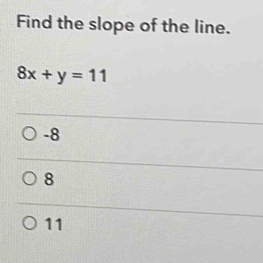 Find the slope of the line.
8x+y=11
-8
8
11