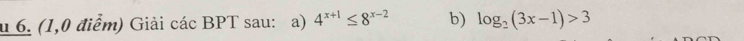 (1,0 điểm) Giải các BPT sau: a) 4^(x+1)≤ 8^(x-2) b) log _2(3x-1)>3