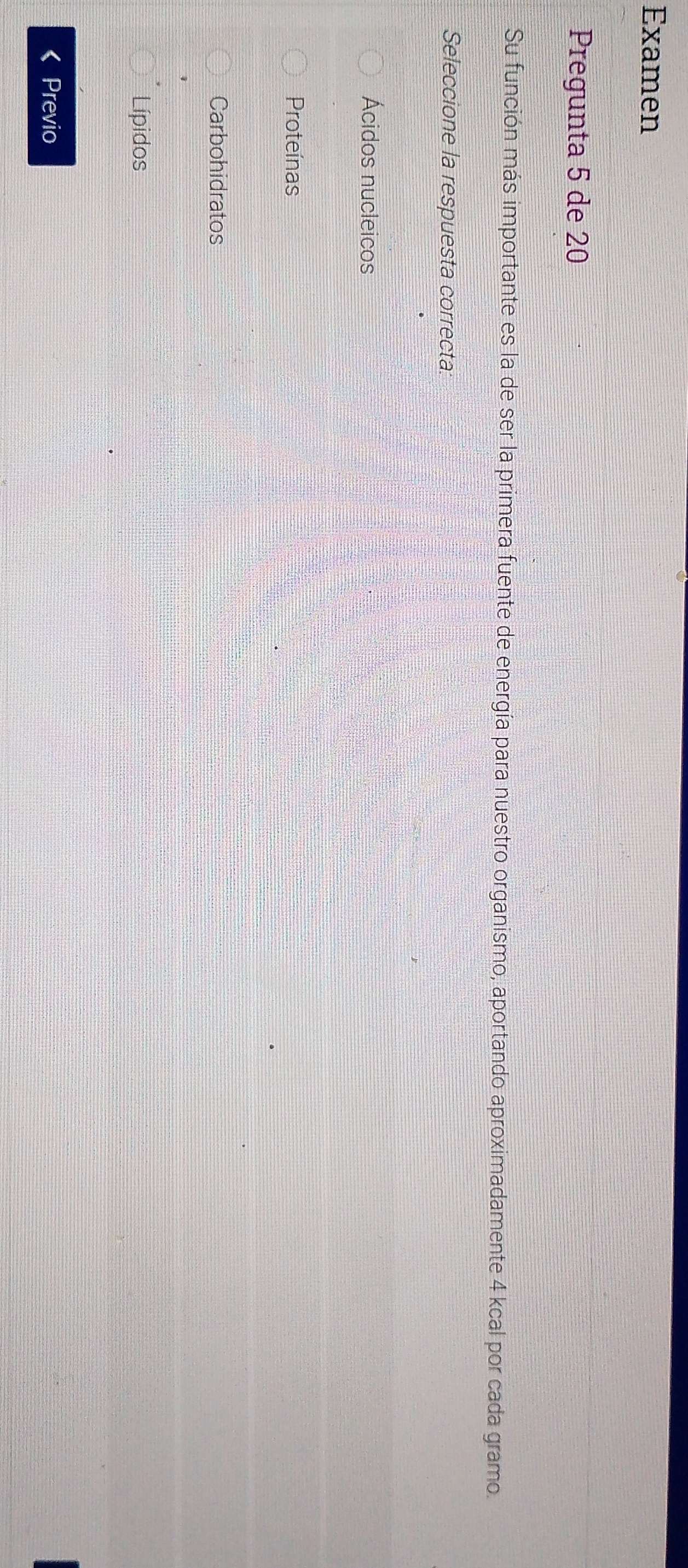 Examen 
Pregunta 5 de 20 
Su función más importante es la de ser la primera fuente de energía para nuestro organismo, aportando aproximadamente 4 kcal por cada gramo. 
Seleccione la respuesta correcta. 
Ácidos nucleicos 
Proteínas 
Carbohidratos 
Lípidos 
Previo