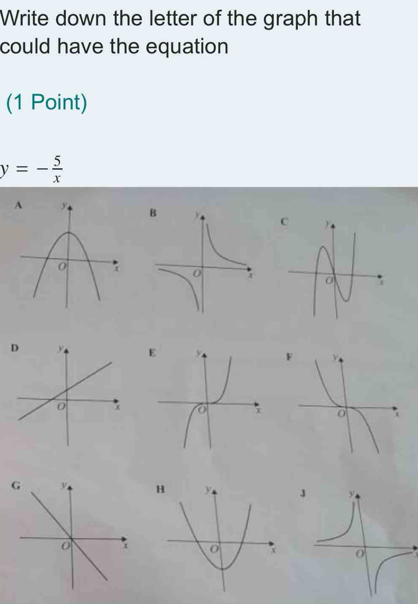 Write down the letter of the graph that 
could have the equation 
(1 Point)
y=- 5/x 
G