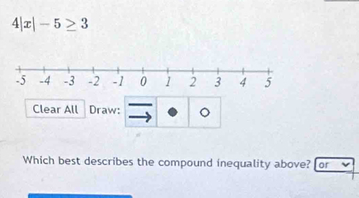 4|x|-5≥ 3
Clear All Draw: 。 
Which best describes the compound inequality above? or