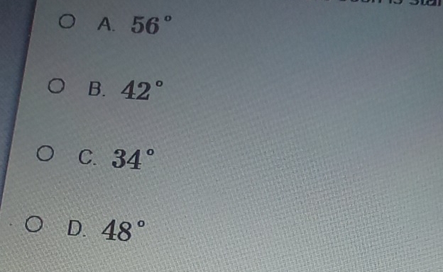 A. 56°
B. 42°
C. 34°
D. 48°