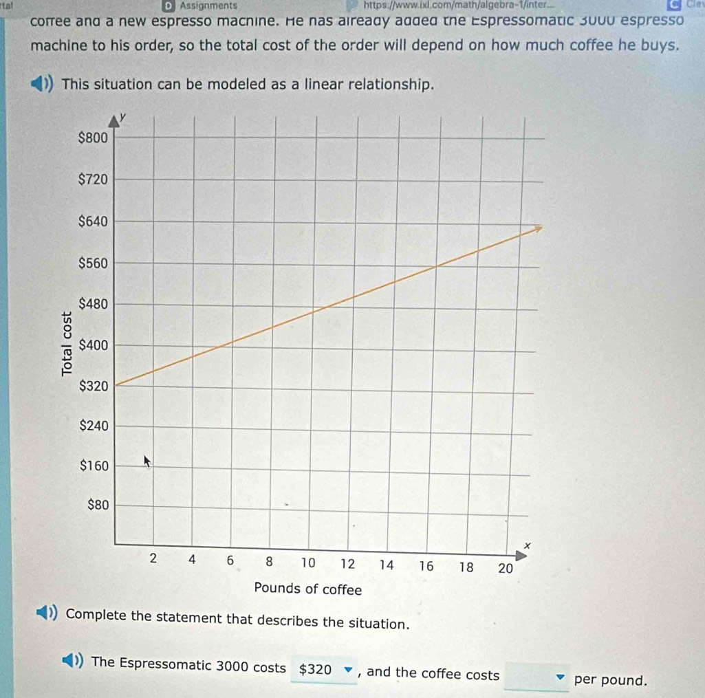 rtal D Assignments https://www.ixl.com/math/algebra-1/inter.. Cle 
coffee and a new espresso machine. He has aiready added the Espressomatic 3000 espresso 
machine to his order, so the total cost of the order will depend on how much coffee he buys. 
This situation can be modeled as a linear relationship. 
Complete the statement that describes the situation. 
The Espressomatic 3000 costs $320 ▼ , and the coffee costs 
_ 
per pound.