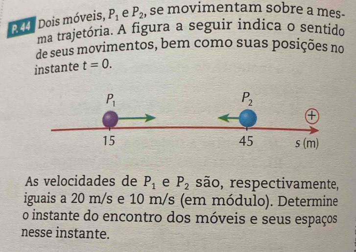 Dois móveis, P_1 e P_2 , se movimentam sobre a mes-
ma trajetória. A figura a seguir indica o sentido
de seus movimentos, bem como suas posições no
instante t=0.
As velocidades de P_1 e P_2 são, respectivamente,
iguais a 20 m/s e 10 m/s (em módulo). Determine
o instante do encontro dos móveis e seus espaços
nesse instante.