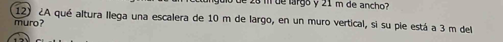 guio de 28 m de largó y 21 m de ancho? 
12) ¿A qué altura llega una escalera de 10 m de largo, en un muro vertical, si su pie está a 3 m del 
muro?