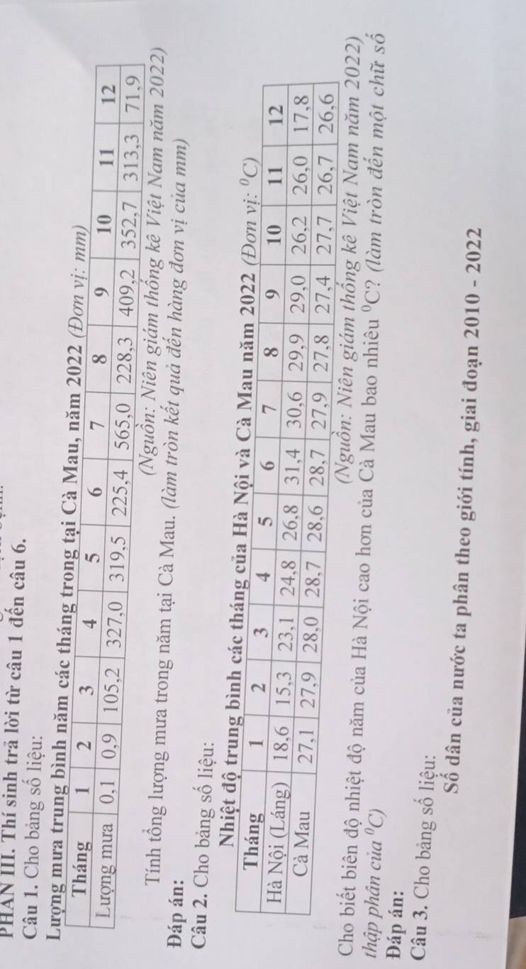 PHAN III. Thí sinh trả lời từ câu 1 đến câu 6.
Câu 1. Cho bảng số liệu:
Lượng mưa trung bình năm các tháng
n giám thống kê Việt Nam năm 2022)
Tính tổng lượng mưa trong năm tại Cà Mau. (làm tròn kết quả đến hàng đơn vị của mm)
Đáp án:
Câu 2. Cho bảng số liệu:
Nhiệt
(Nguồn: Niên giám thống kê Việt Nam năm 2022)
Cho biết biên độ nhiệt độ năm của Hà Nội cao hơn của Cà Mau bao nhiêu°C
thập phân của°C) ? (làm tròn đến một chữ số
Đáp án:
Câu 3. Cho bảng số liệu:
Số dân của nước ta phân theo giới tính, giai đoạn 2010 - 2022