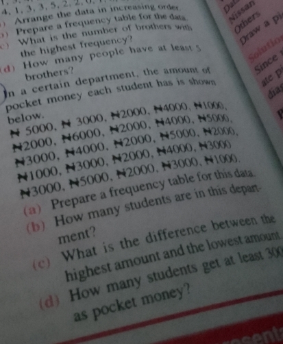 ) Arrange the data in increasing order Dal 
) Prepare a frequency table for the daa Vissan 
Draw a pi 
c) What is the number of brothers with Others 
the highest frequency? 
Solutio 
d) How many people have at least 5
brothers? 
In a certain department, the amount of Since 
pocket money each student has is shown ate p 
dia 
below.
N 5000, N 3000, N2000, N4000, N1000,
N2000, N6000, N2000, N4000, N5000 。
N3000, N4000, N2000, N5000, N2000 。
N1000, N3000, N2000, N4000, N3000
N3000, N5000, N2000, N3000, N1000 。 
(a) Prepare a frequency table for this data 
(b) How many students are in this depart. 
ment? 
(c) What is the difference between the 
highest amount and the lowest amount 
d) How many students get at least 30
as pocket money?