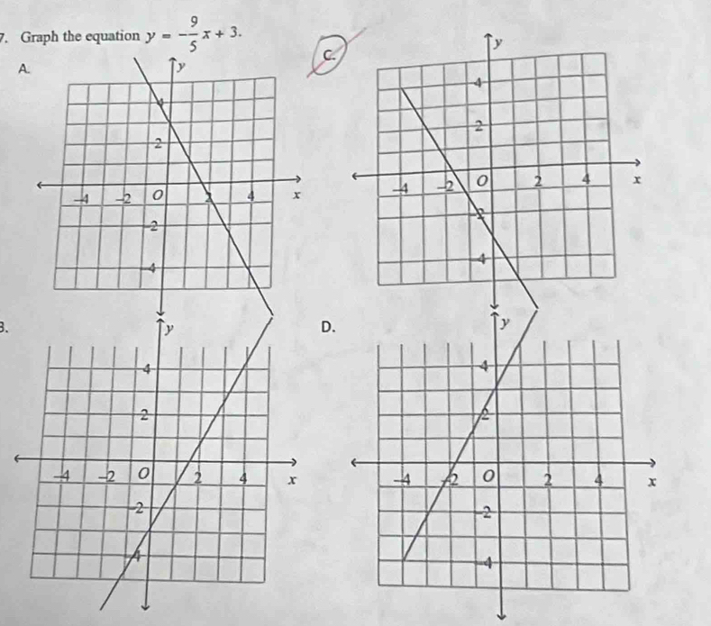 Graph the equation y=- 9/5 x+3. 
C 
A 
B. 
.