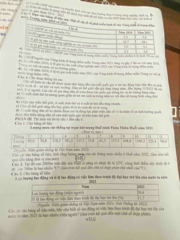 Cơ cầu GDP của nưước ta chuyển dịch tích cực theo hướng tăng ti trọng công nghiên, dích vu. (
dyển địch cơ c 1) Biểu đồ miền là dạng biểu đổ thích hợp nhất để thể hiện cơ cầu GDP phân theo khu vực kinh t
các vùng k nuớc ta. giai đoạn 2012 - 2021.
it nước. Câu 3. Dựa vào bảng số liệu sau: M
h đặc điển
miền Trung, năm
Diém
Bộ
m miền Trung luôn chiếm ti lệ đưới 5% so với
b). GRDP/người của Vùng kinh tế trọng điễm miễn Trung năm 2021 tăng và gắp 3 lằn so với năm 2010
C). Số với năm 2010, tỉ lệ giá trị sản xuất công nghiệp năm 2021 của Vùng kinh tế trọng điểm miền
Trung so với cả nước có xu hướng giàm
d). So với năm 2010, tỉ lệ trị giả xuất khẩu năm 2021 của Vùng kinh tế trọng điễm miền Trung so với cả
nước tăng thêm 19%. Câu 4. Cho đoạn thông tin sau
Dân số luôn là vấn đề được quan tâm hàng đầu của mỗi quốc gia vì nó tác động trực tiếp đến sự phát
triển kinh tế - xã hội và mội trường. Dân số thế giới văn gia tăng hàng năm, đến tháng 11/2022 đã cản
mộc 8 tỷ người. Các chỉ số gia tăng dân số luôn được các quốc gia thông kê và đo lường hàng năm.
a) Tỉ suất sinh thổ là tương quan giữa số trẻ em sinh ra trong năm so với dân số trung bình cùng thời
đièm
b) Hiện nay trên thế giới, tỉ suất sinh thô và tỉ suất từ thô đều tăng nhanh.
c) Dân số thể giới tăng lên hay giám đi là do sinh đê và từ vong.
d) Tỉ suất tăng dân số tự nhiên được coi là động lực phát triển dân số vì là nhân tố có ảnh hưỡng quyết
định đến biển động dân số của một quốc gia và trên toàn thế giới.
PHAN III. Thí sinh trả lời từ câu 1 đến cầu 6.
Câu 1. Cho bảng số liệu
Lượng mưa các thống tại trạm khí tượng Huế (tỉnh Thừa Thiên Huế) năm 2022
(Nguồn: Niên giám thống kê Việt Nam năm 2
Căn cứ vào bảng số liệu, tính tổng lượng mụa của các thắng mưa nhiều ở Huế năm 2022, (làm tròn kết
quả đến hàng đơn vị của mm). B128
Cầu 2. Tại độ cao 2000m trên dãy núi Phan xỉ păng có nhiệt độ là 22°C , cùng thời điểm này nhiệt độ ở
độ cao 700m là bao nhiêu°C 2? (làm tròn kết quả đến chữ số thập phân thứ nhất cia^0C).
Câu 3. Cho bảng số liệu:
Đực lượng lao động và tỉ lệ lao động có việc làm theo trình độ đại học trở lên của nước ta năm
(Nguồn: Niên giám thống kê Việt Namhống kê 2022)
Căn cứ vào bảng số liệu trên, hãy cho biết số lao động có việc làm theo trình độ đại học trở lên của
nước ta năm 2021 là bao nhiêu triệu người? (làm tròn kết quả đến một chữ số thập phân).