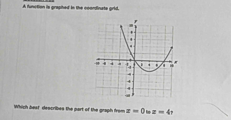 A function is graphed in the coordinate grid. 
Which besf describes the part of the graph from x=0 to x=4 ?