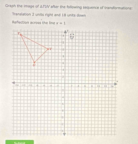 Graph the image of △ TUV after the following sequence of transformations: 
Translation 2 units right and 18 units down 
Reflection across the line x=1
Submit