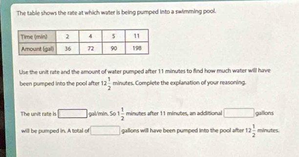 The table shows the rate at which water is being pumped into a swimming pool. 
Use the unit rate and the amount of water pumped after 11 minutes to find how much water will have 
been pumped into the pool after 12 1/2 minutes. s. Complete the explanation of your reasoning.
_ +_ =_ 
The unit rate is □ gal/min. So 1 1/2  minutes after 11 minutes, an additional □ gallons
will be pumped in. A total of □ gallons will have been pumped into the pool after 12 1/2  frac 2minutes.