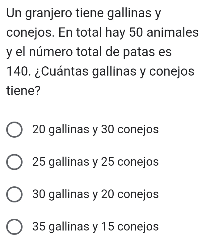 Un granjero tiene gallinas y
conejos. En total hay 50 animales
y el número total de patas es
140. ¿Cuántas gallinas y conejos
tiene?
20 gallinas y 30 conejos
25 gallinas y 25 conejos
30 gallinas y 20 conejos
35 gallinas y 15 conejos