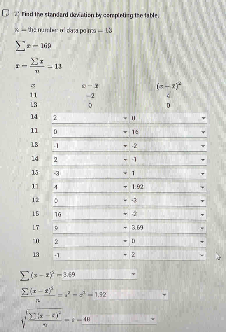 Find the standard deviation by completing the table.
n= the number of data points =13
sumlimits x=169
overline x= sumlimits x/n =13
x
11
13
14 
11 
13 
14 
15 
11 
12 
15 
17 
10 
13
sumlimits (x-overline x)^2=3.69
frac sumlimits (x-x)^2n=s^2=sigma^2=_ 1.92
sqrt(frac sumlimits (x-x)^2)n=s=48