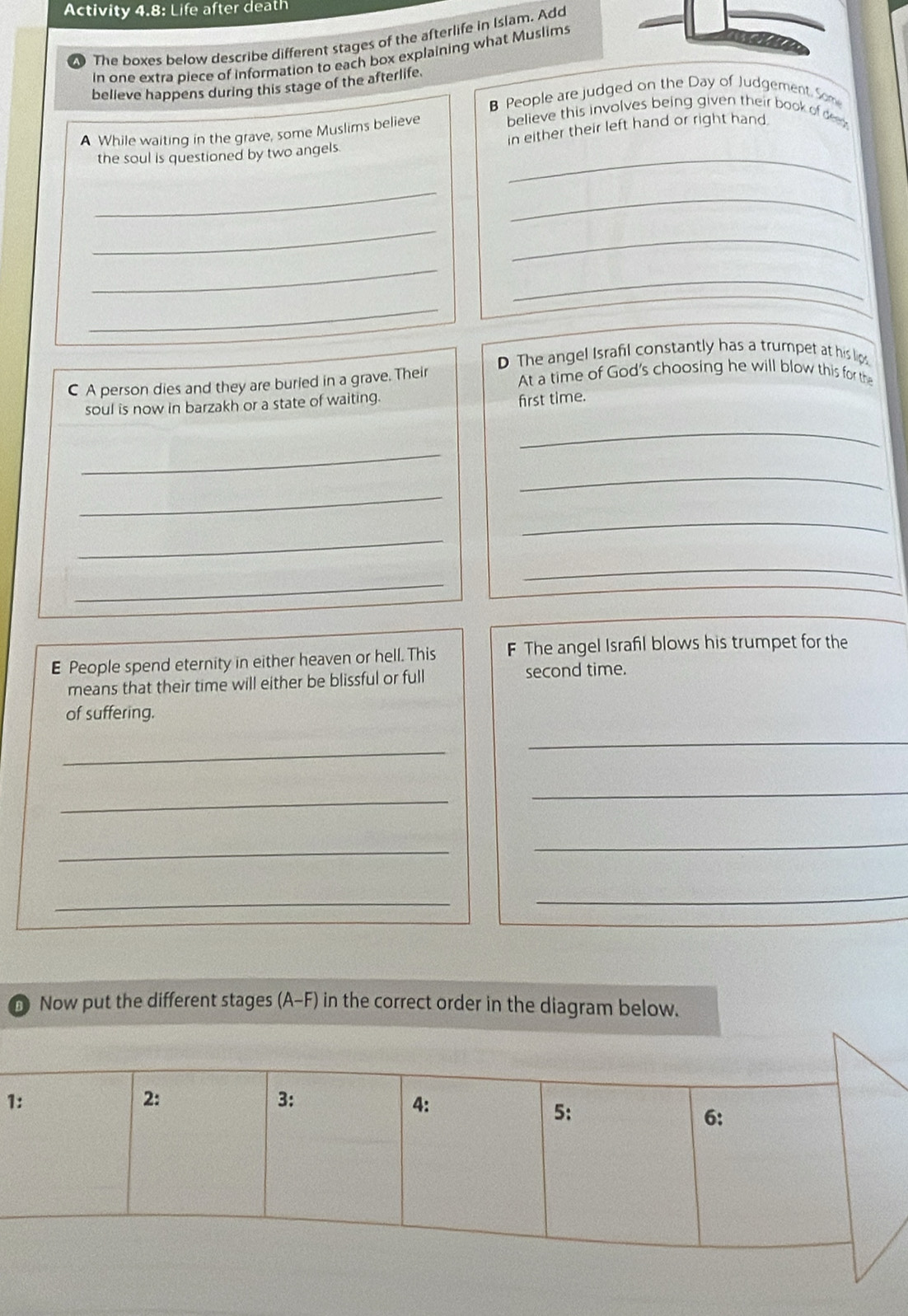 Activity 4.8: Life after death 
The boxes below describe different stages of the afterlife in Islam. Add 
in one extra piece of information to each box explaining what Muslims 
believe happens during this stage of the afterlife. 
B People are judged on the Day of Judgement. Som 
A While waiting in the grave, some Muslims believe 
believe this involves being given their book of dem 
_ 
the soul is questioned by two angels. in either their left hand or right hand. 
_ 
_ 
_ 
_ 
_ 
_ 
_ 
D The angel Israfil constantly has a trumpet at his lips 
C A person dies and they are buried in a grave. Their At a time of God's choosing he will blow this for the 
soul is now in barzakh or a state of waiting. 
first time. 
_ 
_ 
_ 
_ 
_ 
_ 
_ 
_ 
E People spend eternity in either heaven or hell. This F The angel Israfil blows his trumpet for the 
means that their time will either be blissful or full second time. 
of suffering. 
_ 
_ 
_ 
_ 
_ 
_ 
_ 
_ 
Now put the different stages (A-F) in the correct order in the diagram below. 
1