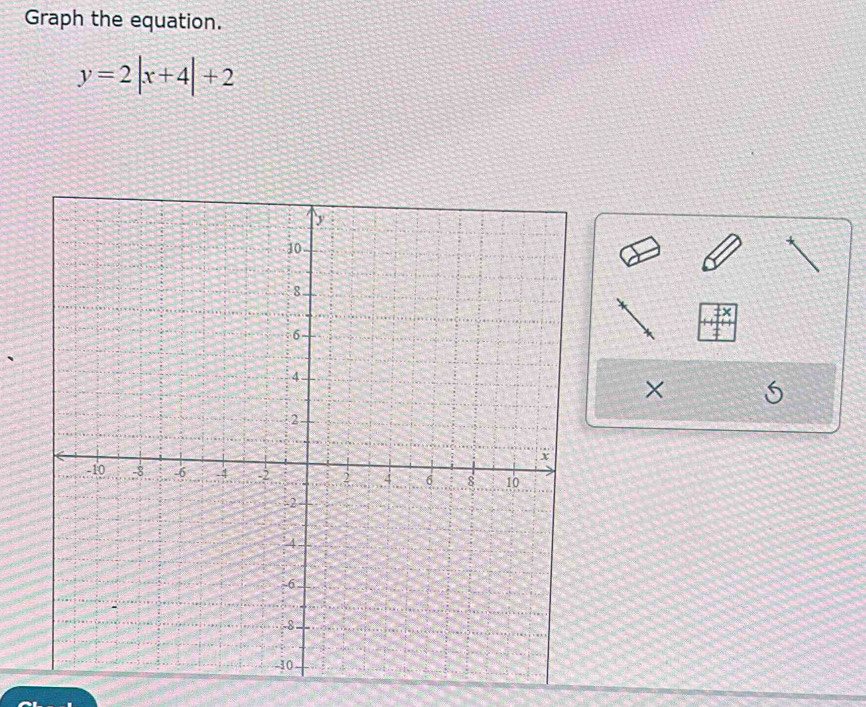 Graph the equation.
y=2|x+4|+2
×