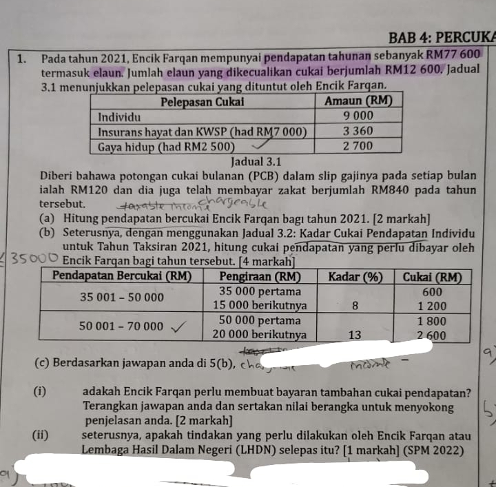 BAB 4: PERCUKA 
1. Pada tahun 2021, Encik Farqan mempunyai pendapatan tahunan sebanyak RM77 600
termasuk elaun. Jumlah elaun yang dikecualikan cukai berjumlah RM12 600. Jadual 
3.1 menunjukkan pelepasan cukai yang dituntut oleh Encik Farqan. 
Jadual 3.1 
Diberi bahawa potongan cukai bulanan (PCB) dalam slip gajinya pada setiap bulan 
ialah RM120 dan dia juga telah membayar zakat berjumlah RM840 pada tahun 
tersebut. 
(a) Hitung pendapatan bercukai Encik Farqan bagı tahun 2021. [2 markah] 
(b) Seterusnya, dengan menggunakan Jadual 3.2: Kadar Cukai Pendapatan Individu 
untuk Tahun Taksiran 2021, hitung cukai pendapatan yang perlu dibayar oleh 
Enc 
(c) Berdasarkan jawapan anda di 5(b), c 
(i) adakah Encik Farqan perlu membuat bayaran tambahan cukai pendapatan? 
Terangkan jawapan anda dan sertakan nilai berangka untuk menyokong 
penjelasan anda. [2 markah] 
(ii) seterusnya, apakah tindakan yang perlu dilakukan oleh Encik Farqan atau 
Lembaga Hasil Dalam Negeri (LHDN) selepas itu? [1 markah] (SPM 2022)