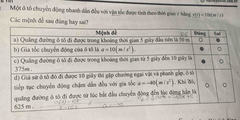 thi     ma y en  m .e a a. v
Một ô tô chuyển động nhanh dần đều với vận tốc được tính theo thời gian 7 bằng v(t)=10t(m/s)
Các mệnh đề sau đúng hay sai?