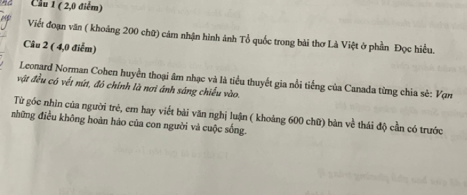 Cầu 1 ( 2, 0 điểm) 
Viết đoạn văn ( khoảng 200 chữ) cảm nhận hình ảnh Tổ quốc trong bài thơ Là Việt ở phần Đọc hiều. 
Câu 2 ( 4,0 điểm) 
Leonard Norman Cohen huyền thoại âm nhạc và là tiểu thuyết gia nổi tiếng của Canada từng chia sẻ: Vạn 
vật đều có vết nứt, đó chính là nơi ánh sáng chiếu vào. 
Từ góc nhìn của người trẻ, em hay viết bài văn nghị luận ( khoảng 600 chữ) bàn về thái độ cần có trước 
những điều không hoàn hảo của con người và cuộc sống.