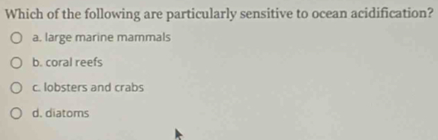 Which of the following are particularly sensitive to ocean acidification?
a. large marine mammals
b. coral reefs
c. lobsters and crabs
d. diatoms