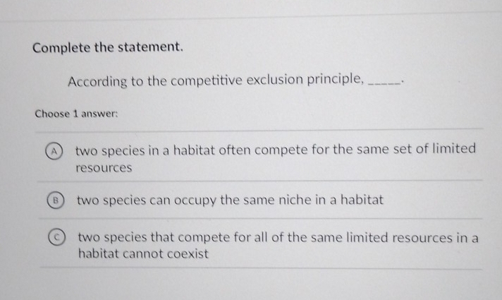 Solved: Complete the statement. According to the competitive exclusion ...